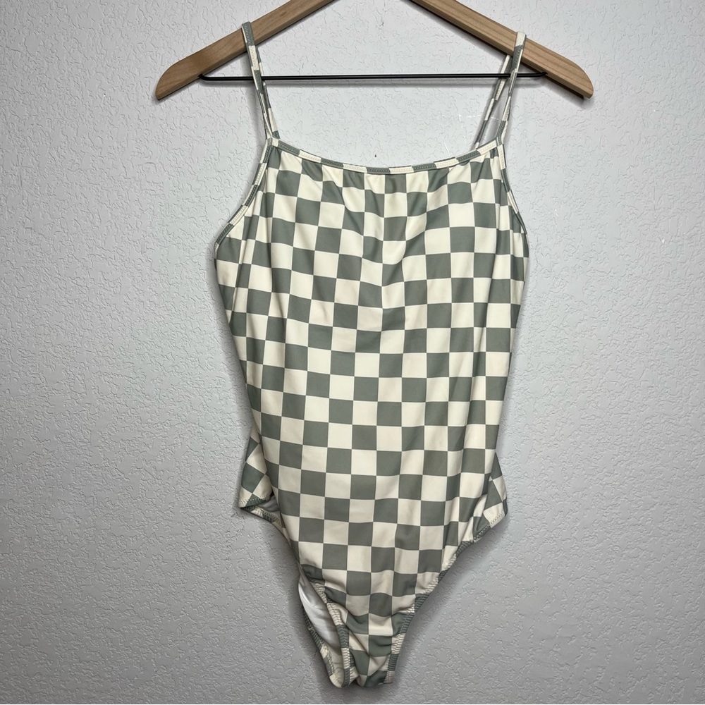 Rylee and Cru Women Seafoam Green Cream Checkered One Piece Bathing Suit XL Swim